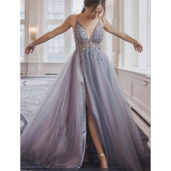 Andrea & Leo Couture A0672 NWT Smoky Blue Embellished Tulle Prom Ball Gown Sz 4 - Picture 1 of 16